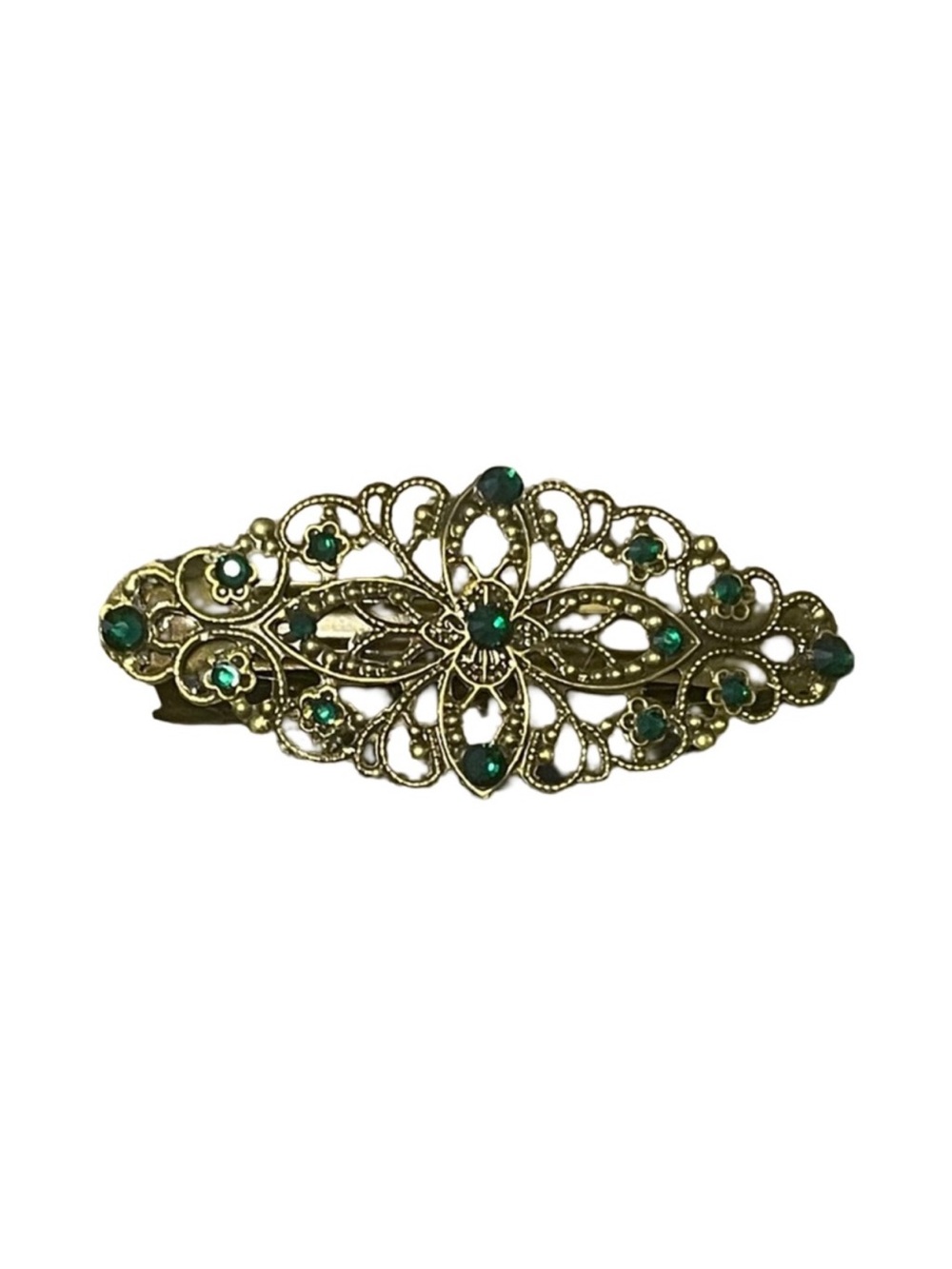 Vintage-Inspired Gold Floral Barrette Emerald Green Crystal FINAL PRICE DROP